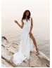 V Neck White Satin Slit Classic Wedding Dress